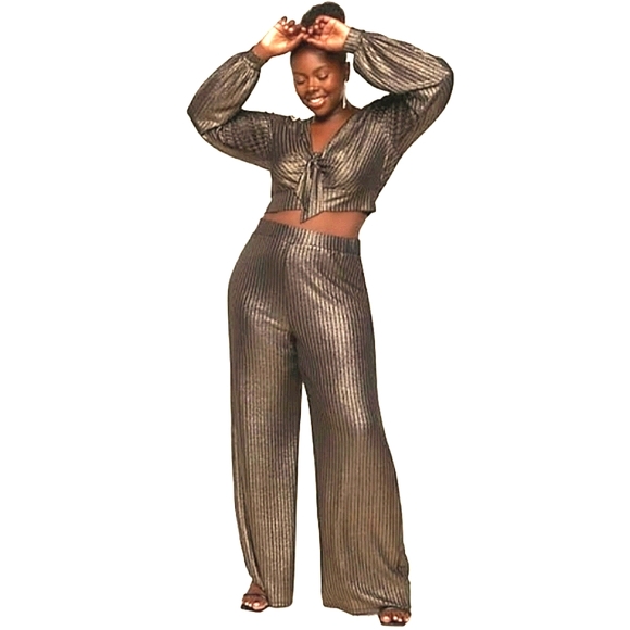 ANTIQUE GOLD ☆ METALLIC RIBBED KNIT ☆ WIDELEG PANT SET ☆ NWT - Picture 2 of 8